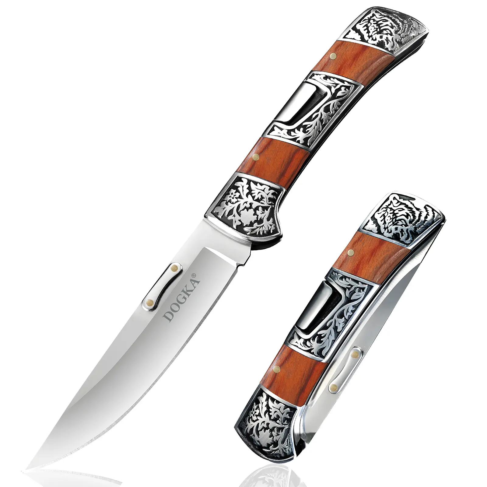 DOGKA 4.72in Compact Foldable Tool Kitchen Fruit Knife - Steel Blade, Wooden Retro Relief Grip, Portable for Camping, Gifting to Family
