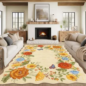 GARVEE Washable Rug 9x12 Area Rug Large Floral Scalloped Carpet for Living Room Bedroom Modern Botanical Carpet Non-Slip Easy Cleaning Low-Pile Soft Floor Mat for Nursery Home Office Dining Room,9x12