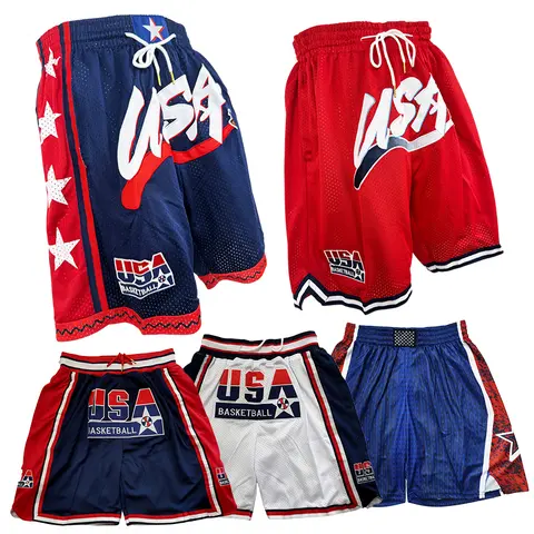 2025 Retro Embroidered Sewing Print Basketball Shorts - 1992 USA 2024 Dream Team Inspired, 4-Pocket Poly-Cotton Activewear Bottoms, Breathable Quick Dry Loose Fit, S-XXXL Plus Size, Blue/White, Court/Outdoor Use, Accepting Wholesale and Retail
