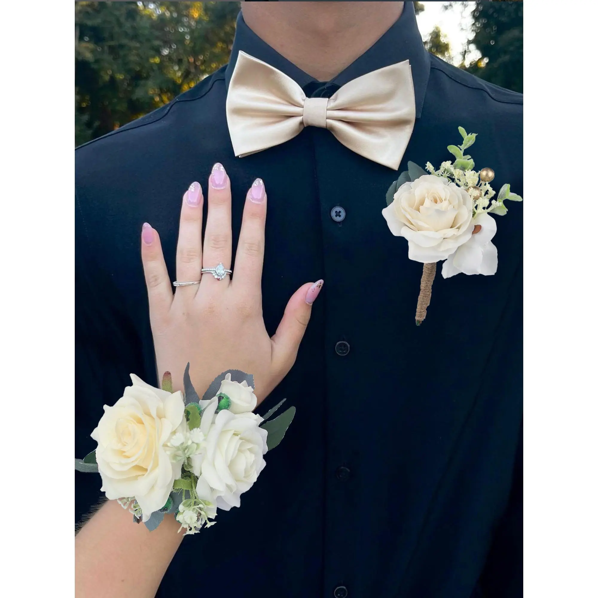 Rinlong Chic Bridal Silk Compact Corsage and Men's Boutonniere Set, Cream White Wedding Supplies Flower Pins