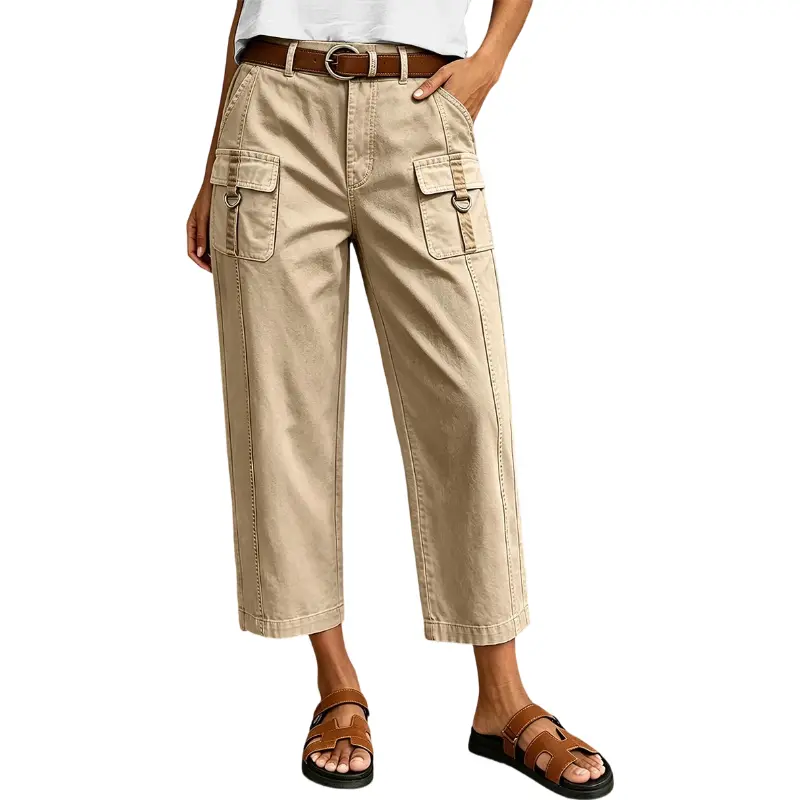 Flamingals Solid Flap Pocket Seam Detail Mid Rise Straight Leg Crop Pants Without Belt Womenswear Stretchy 24" Inseam