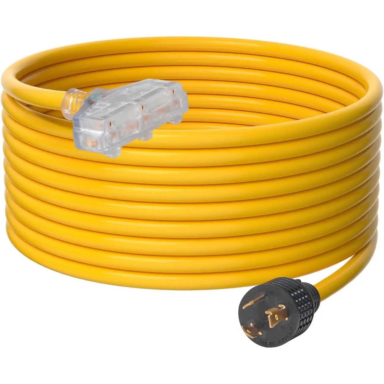 VEVOR LA530PA/LA052E 30-Amp Extension 25 Feet, 125V 3750W Heavy Duty Outdoor Cord, L5-30P / Three NEMA 5-15R STJW Flexible Power Cable with Twist Lock Connectors, for Generators, Black