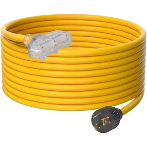 VEVOR LA530PA/LA052E 30-Amp Extension 25 Feet, 125V 3750W Heavy Duty Outdoor Cord, L5-30P / Three NEMA 5-15R STJW Flexible Power Cable with Twist Lock Connectors, for Generators, Black