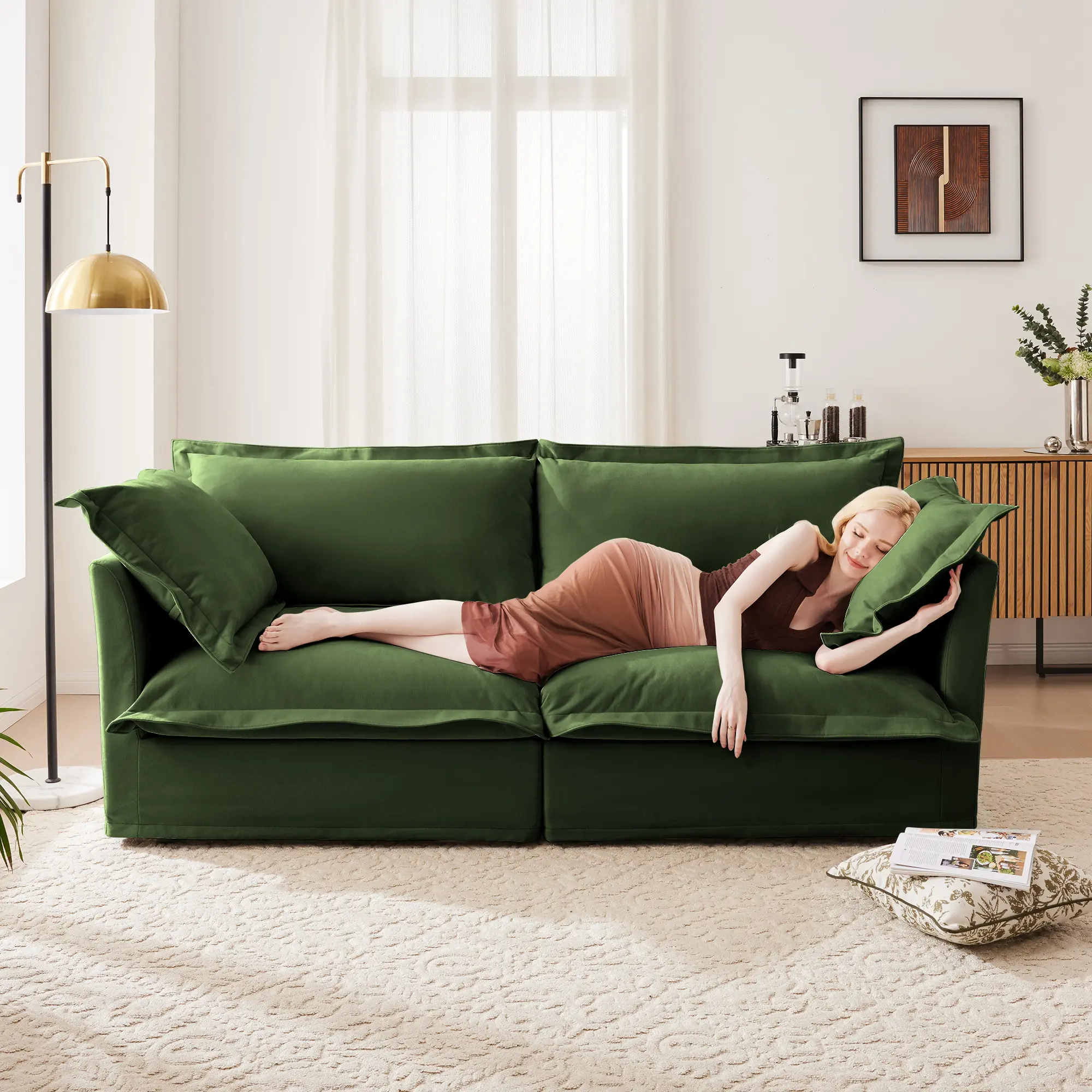 Modern Slipcovered 2-Seat Sofa Couch for Living Room, 2 Seater Sofa with Deep Seat, Plain Chenille Upholstered Cushion, Detachable Cover, Comfy Sofa Couch for Small Space Apartment, Green, Living Room Furniture for Apartment, Lounge