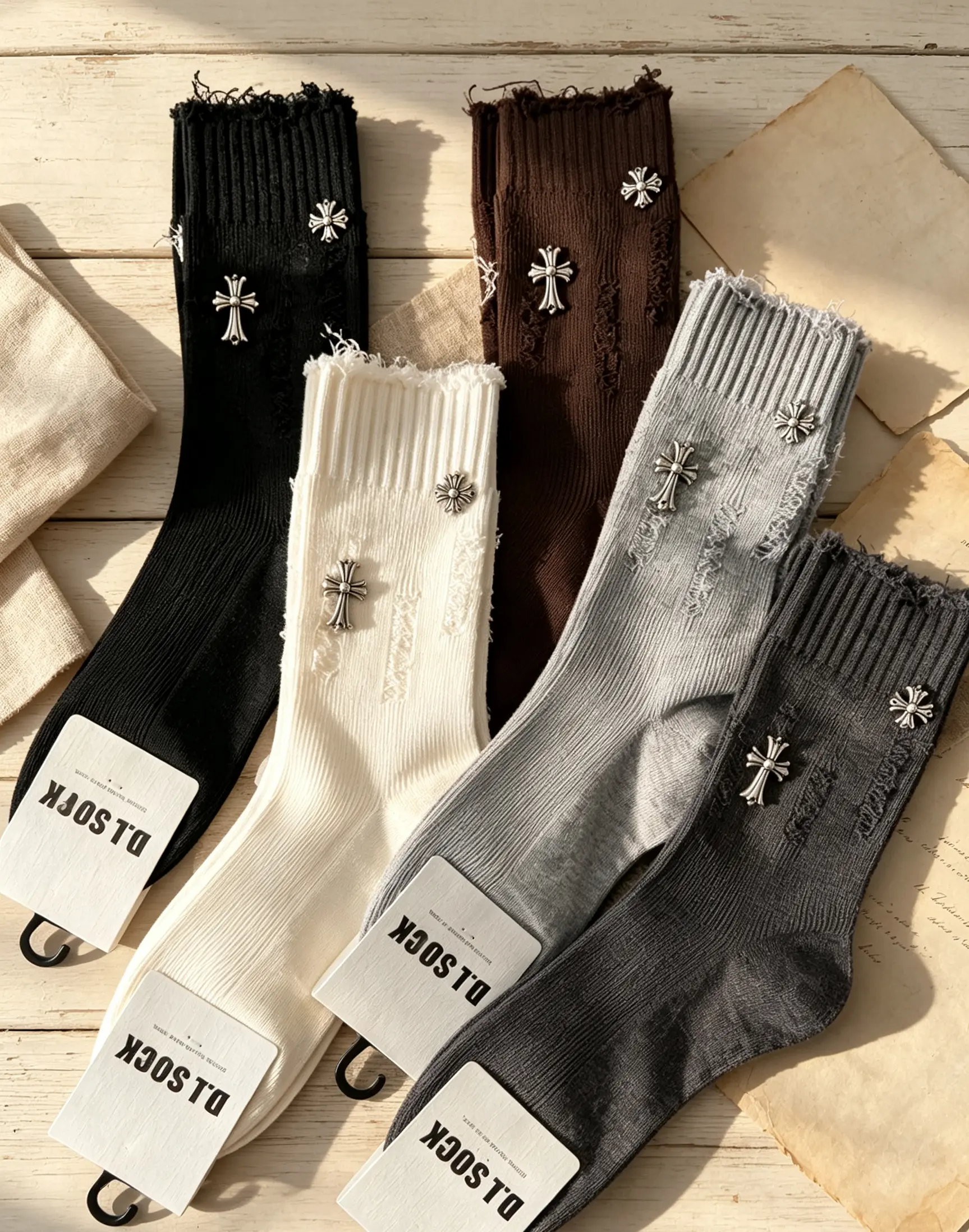 Distressed Fringe Ribbed Mid-Calf Socks with Vintage Silver Cross Metal Decor, Y2K Grunge Streetwear Socks 3 pairs For Men And Women