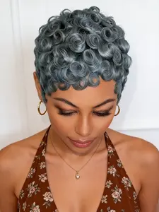 Natural Curly Short Human Hair Wig for Black Women Glueless Non Lace Machine Made Grey Pixie Wig Pixie Cut Wigs