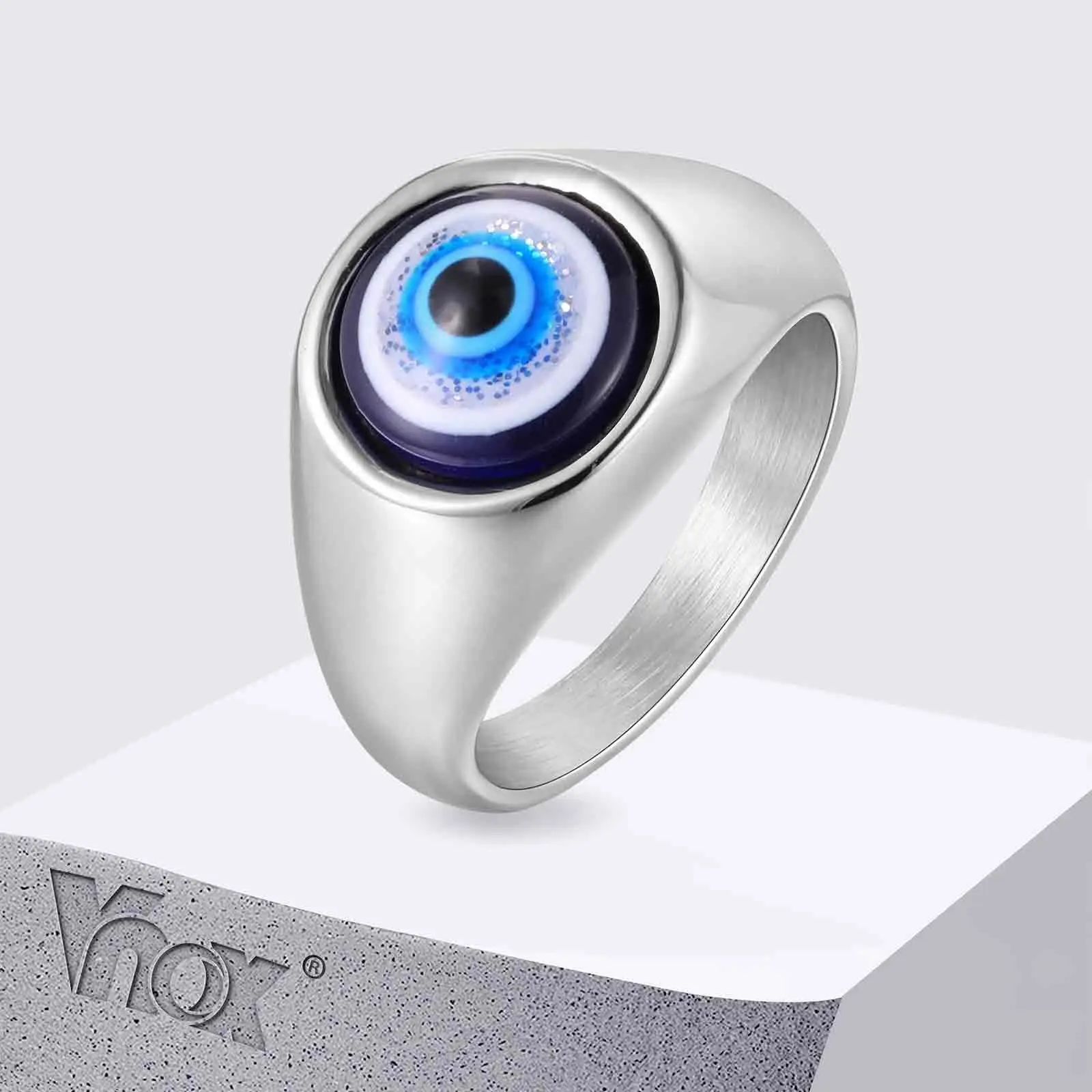 Vnox Hip Hop Evil Eye Ring for Men Women, Stainless Steel Blue Devil Eye Signet Rings Punk Eyeball Jewelry Gift 13MM Wide Band