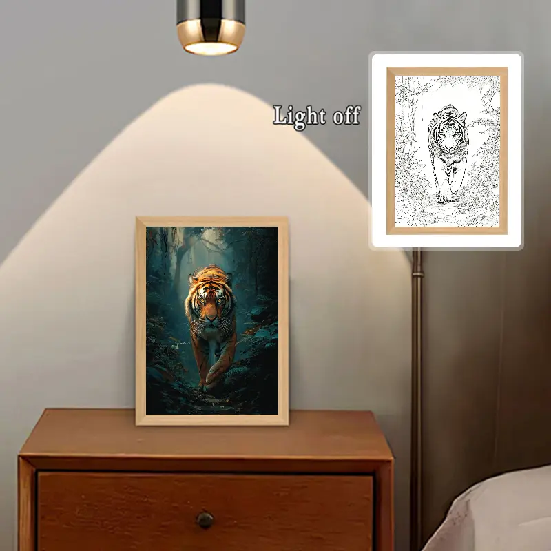 Tiger in Jungle LED Light Painting, USB-Powered Adjustable Desk Lamp with Polished Wood Frame, Creative Decorative Art for Bedroom, Study, Hotel, Cafe, Perfect for Home Decor (Bedroom, Living Room, Office), Ideal Birthday Gift, LED Lights for Bedroom