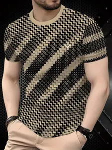 Men's Summer 3D Print Round Neck T-Shirt, Digital Zigzag Geometric Pattern, Casual Comfortable Short Sleeve Top, Polyester Knit Fabric