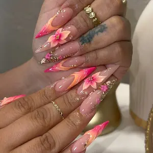 (MTO) BubbleNailArt Magenta Blossom Elegance 3D Hand-Sculpted Flower Pink Glitter Stiletto Rhinestone Handcrafted Wearable Nail Art Fashion Hand Accessories