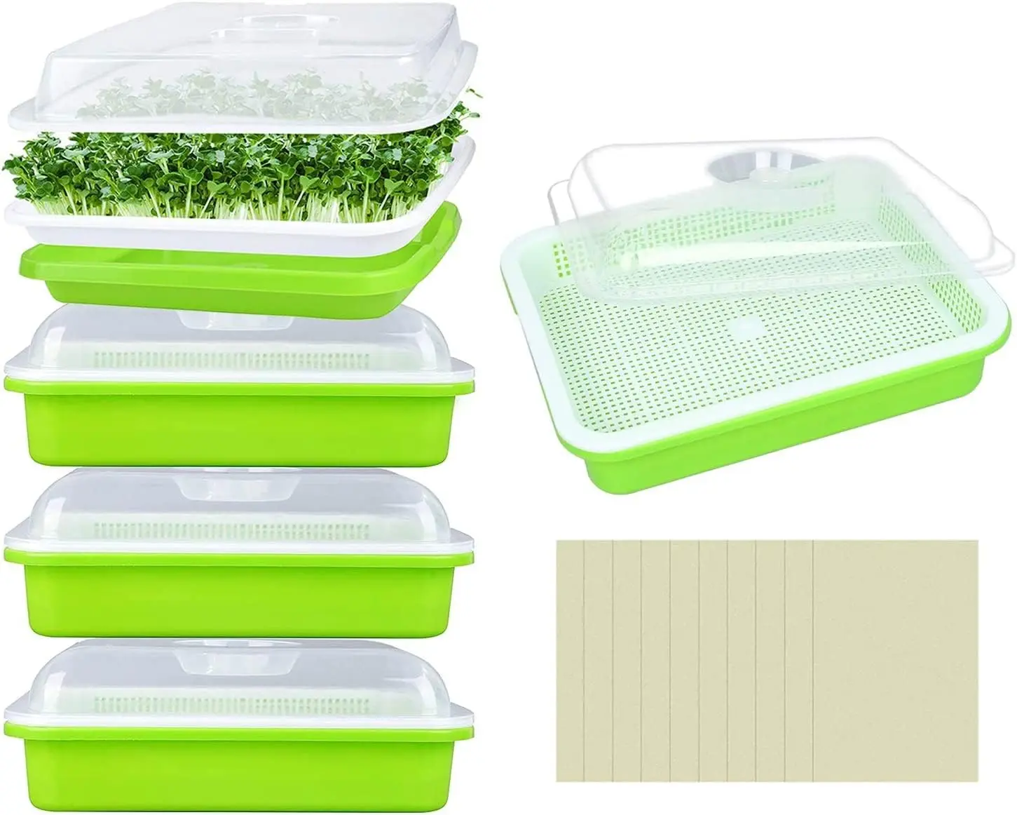 5 Pack Seed Sprouter Trays with Lids- Soil-Free Cultivation Germination Tray,   Greens Growing Trays Seed Sprouting Trays Kit with Germinating Paper for Wheatgrass, Beans and More