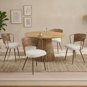 Round wooden dining table + 4 sets of dark brown rattan dining chairs in farmhouse style farm chair style