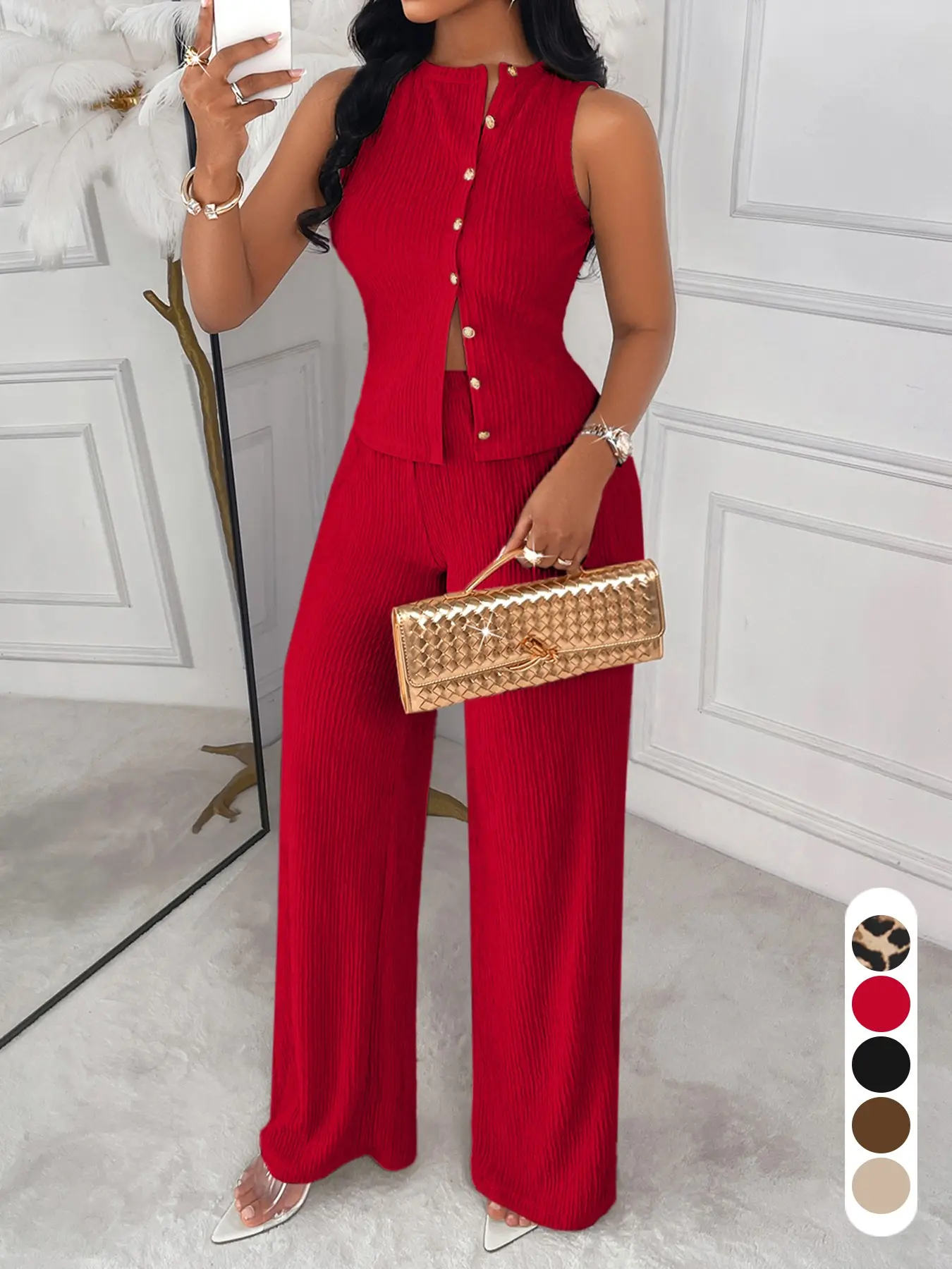 Women's Spring Summer Casual Two-Piece Set, Round Neck Sleeveless Top with Studs, High Waist Wide Leg Pants, Fashionable Leisure Wear, Womenswear, Clothes