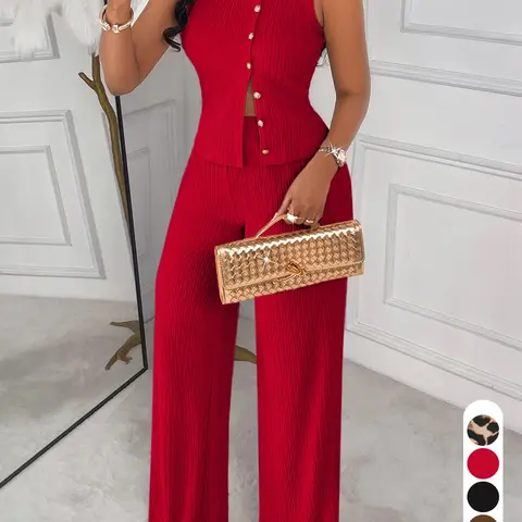 Women's Spring Summer Casual Two-Piece Set, Round Neck Sleeveless Top with Studs, High Waist Wide Leg Pants, Fashionable Leisure Wear, Womenswear, Clothes, Summer Sets Casual