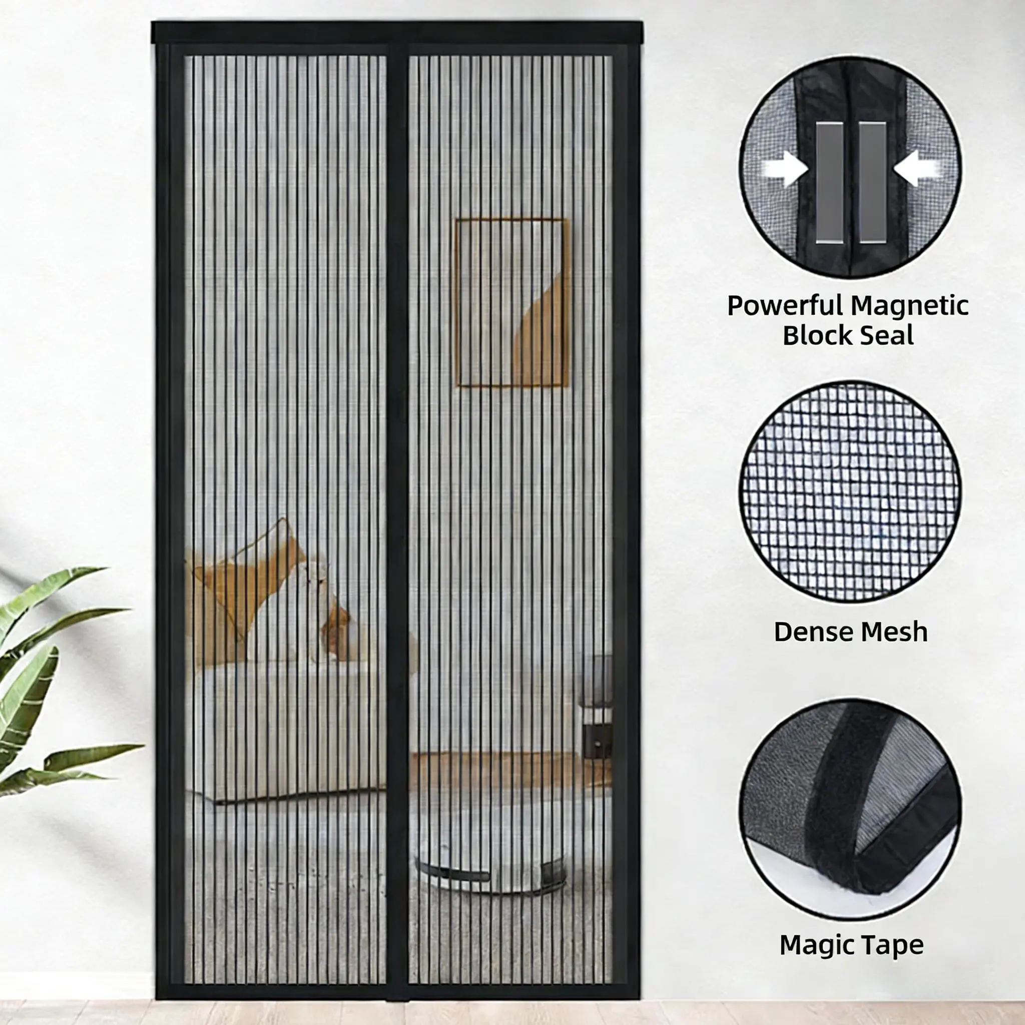Mosquito door screen for bedroom/room, household use; magnetic self-closing partition curtain; mesh door screen; magnetic attachment strip; no drilling installation accessories; suitable for summer