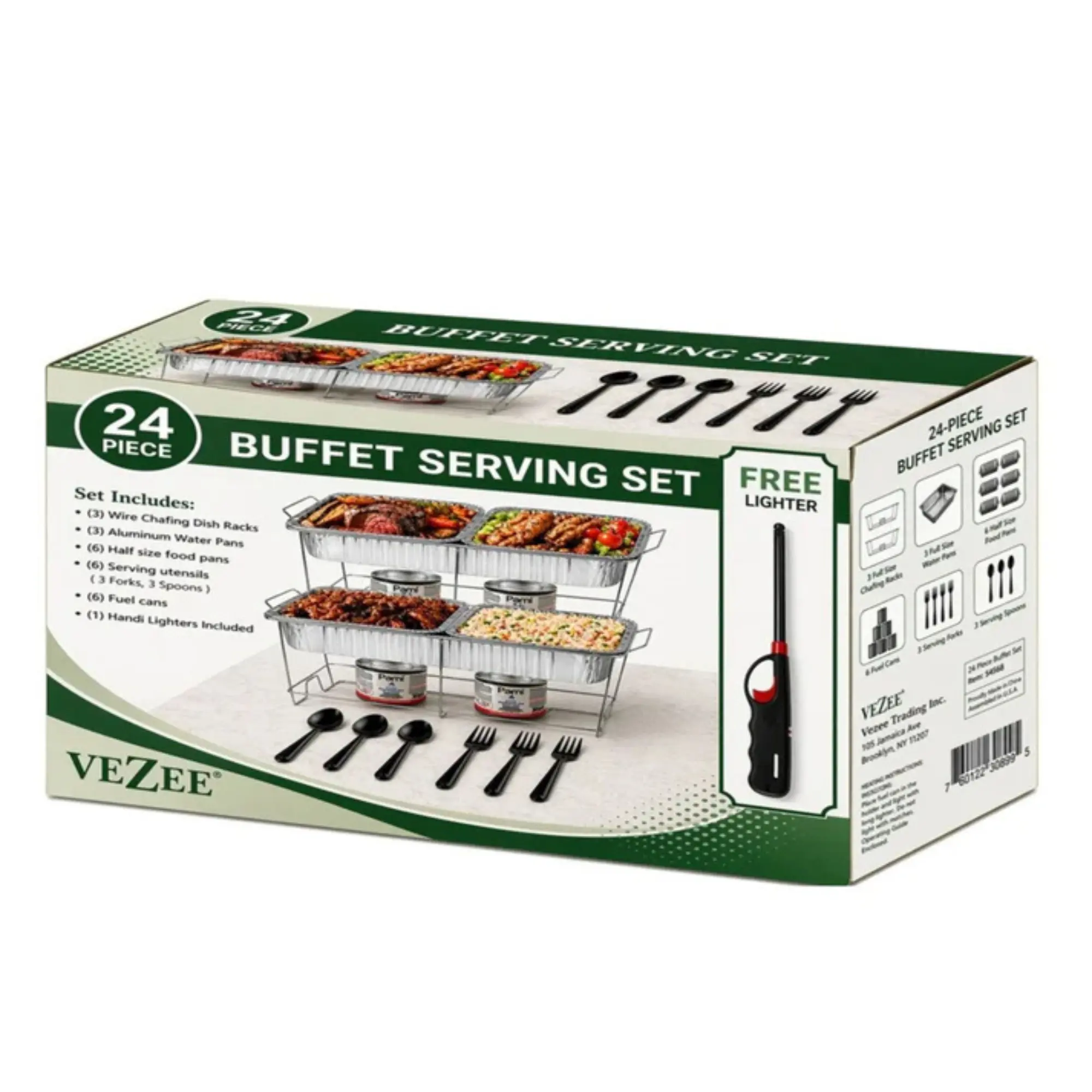 VeZee All-in-1 24-Piece Half Size Rectangular Chafing Dish Buffet Serving Set - Wire Racks, Fuel Cans, Serving Utensils, Lighter, Disposable Aluminum Pans for Event Hosts, Catering