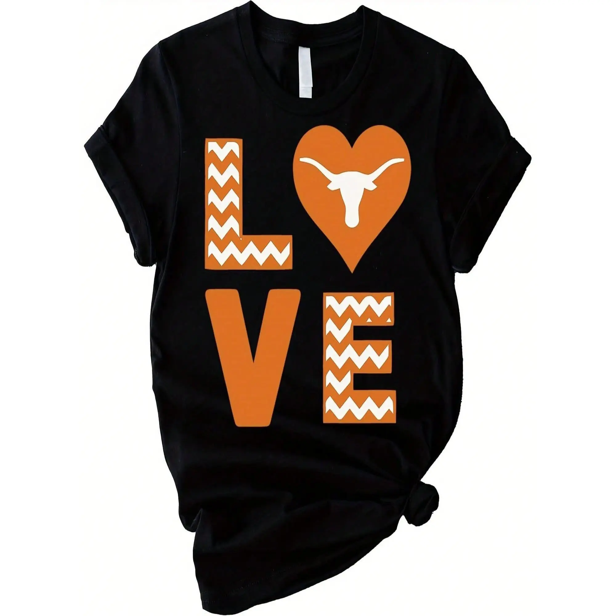Women's Graphic T-shirt with Bold LOVE Design, Casual Retro Western Cowboy Style, Crew Neck Short Sleeve Basics for Texas Lovers, Tshirt, Thanksgiving, Fitted, Heart, Round Neck, Tee, Shortsleeve, Casual Wear, Fashion Apparel, Valentines Day