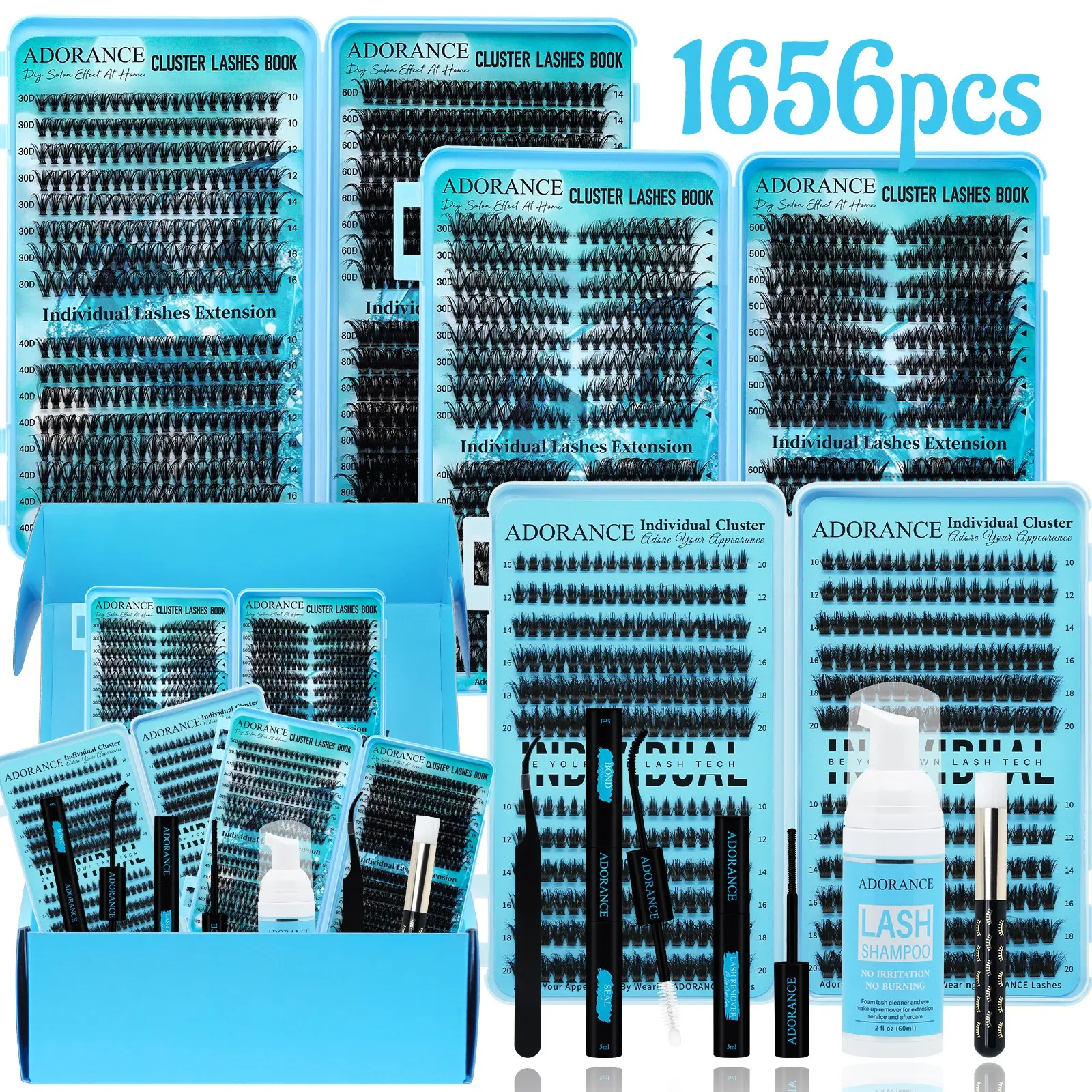 ADORANCE Mega Capacity Lash Clusters Kit 1656pcs, Eyelashes Extension Set, DIY Individual Lash Extensions with Bond & Seal, Lash Remover, Lash Applicator, Lash Shampoo Brush, Wispy Cluster Lashes for Natural Volume, Salon Look at Home