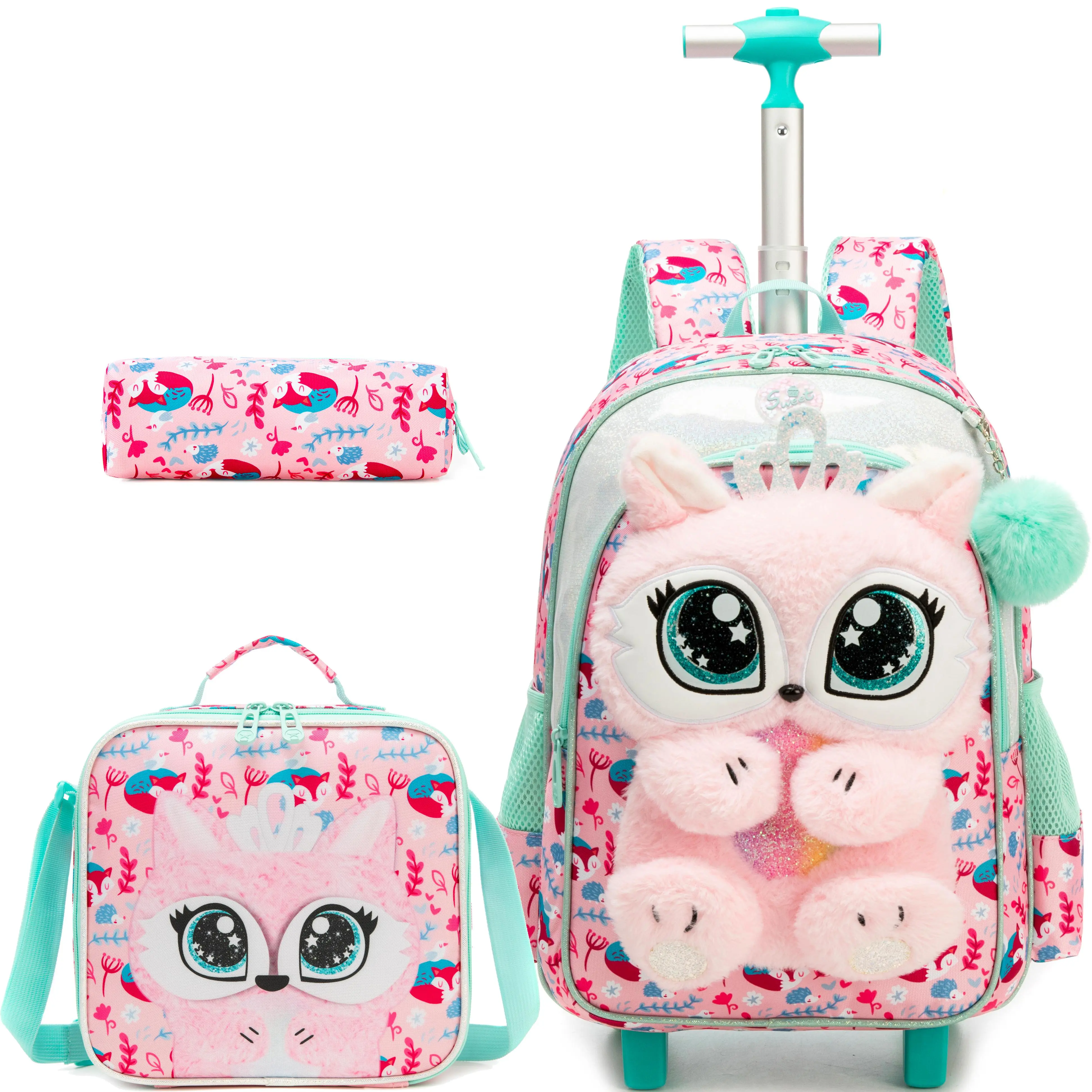 Cute Plush Elf Rolling Backpack Set for Girls | 3-in-1 Backpack + Lunch Bag + Pencil Pouch | Dreamy Forest Design | Back to School Essentials Bear Large Capacity