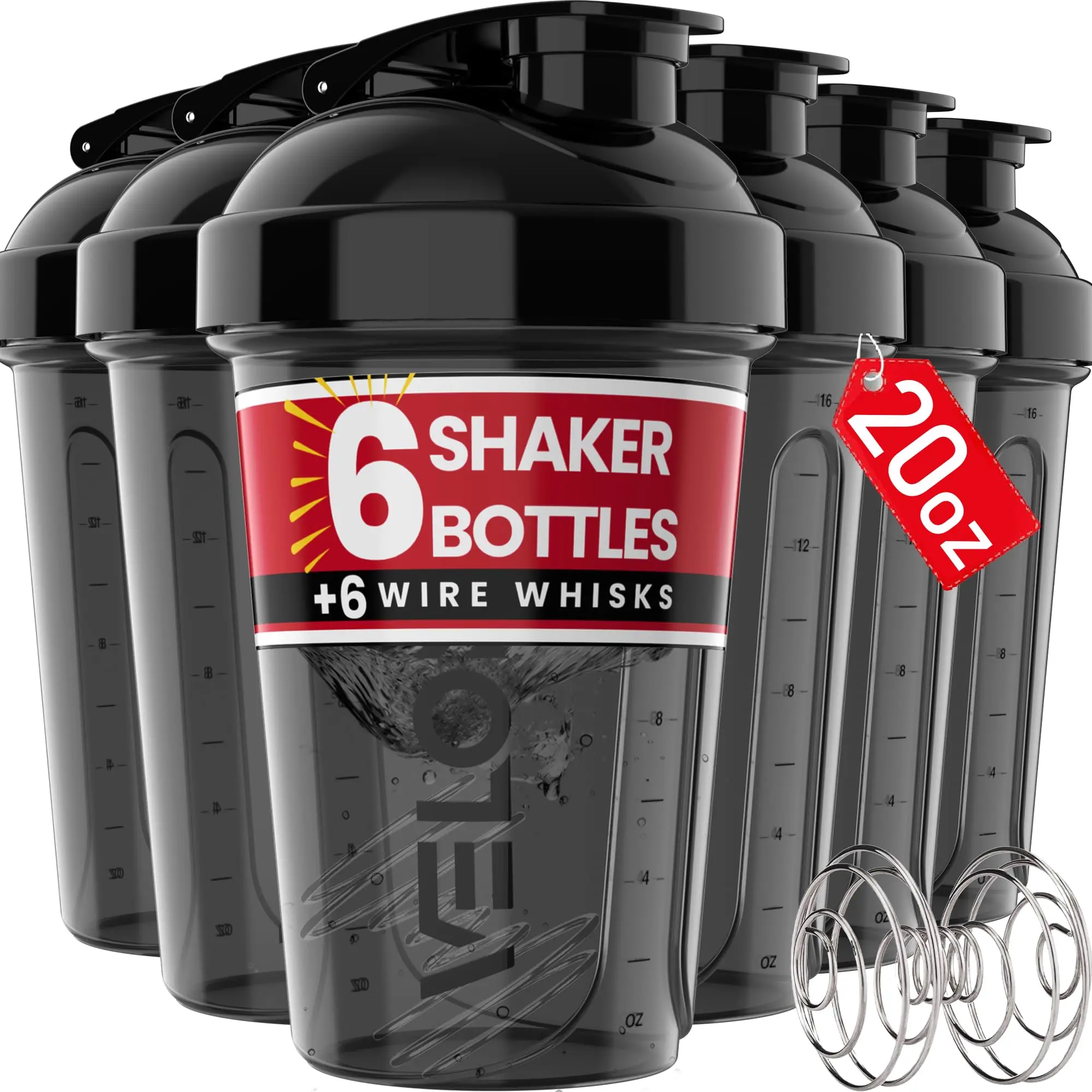 VELOMIX 6-Pack 20 oz Protein Shaker Bottles, Kitchen & Drinkware for Protein Mixes, Compact Black Shaker Cups