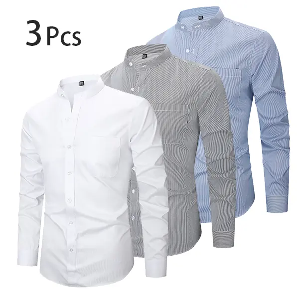 【3PCS】Men's dress shirt; Waterproof, oil-proof, and stain-proof; Four-way stretch; Long sleeves with collar; Solid color; Wedding Dating; Casual; Breathable. camisas  mangalarga  para  hombres Plain White Stripes