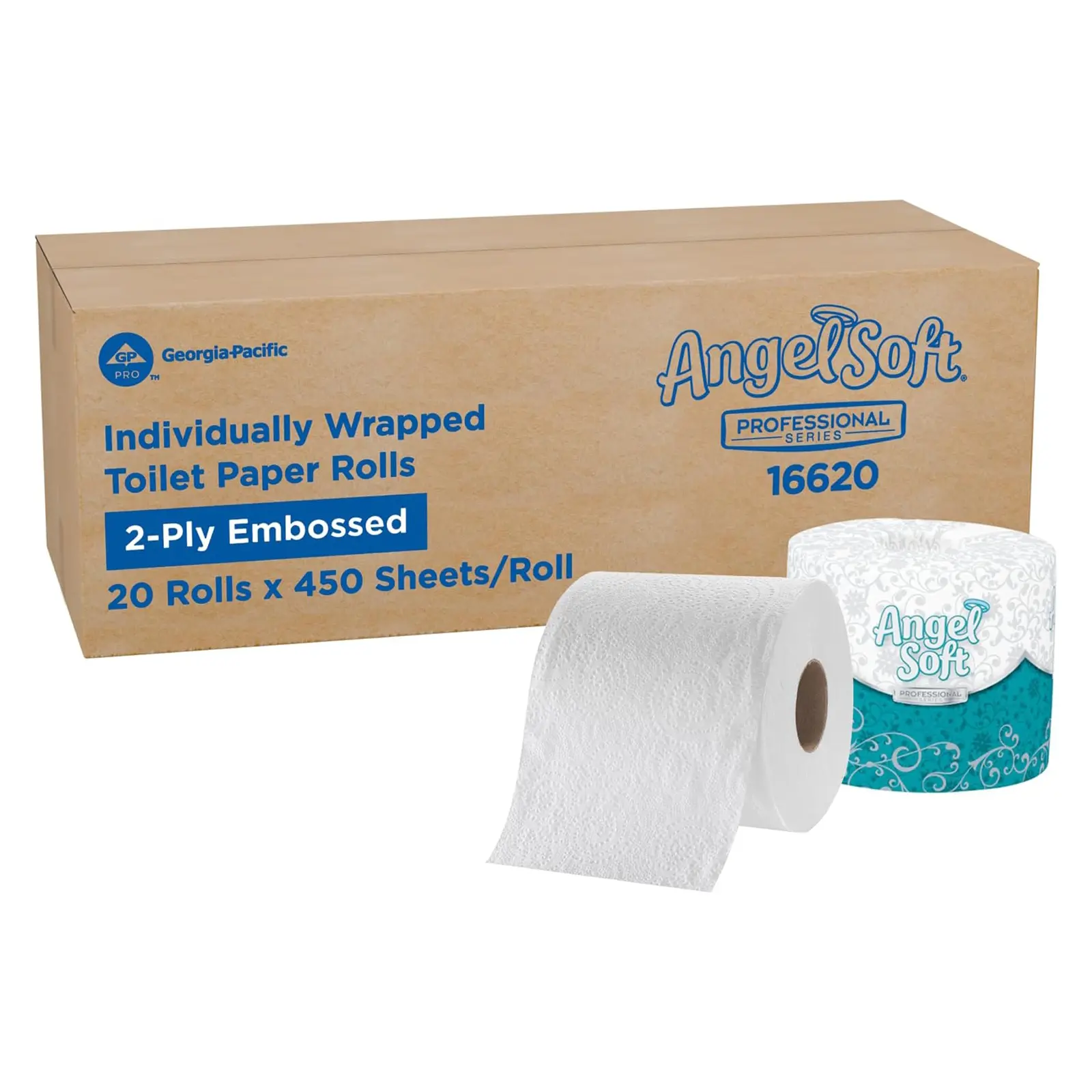 Angel Soft Professional Series by Georgia-Pacific PRO 2-Ply Embossed Toilet Paper, White, Individually Wrapped, 450 Sheets Per Roll, 20 Toilet Tissue Rolls Per Case.