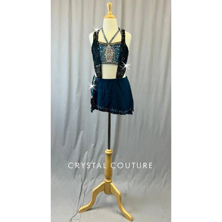 Custom Teal Two Piece with Black Lace and Short Skirt - Rhinestones & Appliques