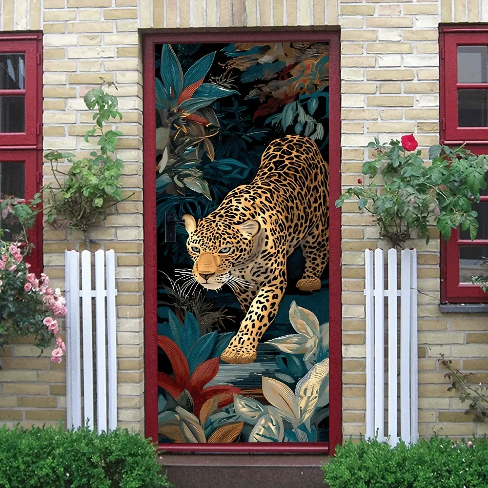 2pcs Tropical Jungle Leopard Wall Sticker Self Adhesive Removable PVC Bedroom Living Room Decor Southeast Asia Style Animal Pattern Home Background Wall Decoration Waterproof Wear Resistant Environmental