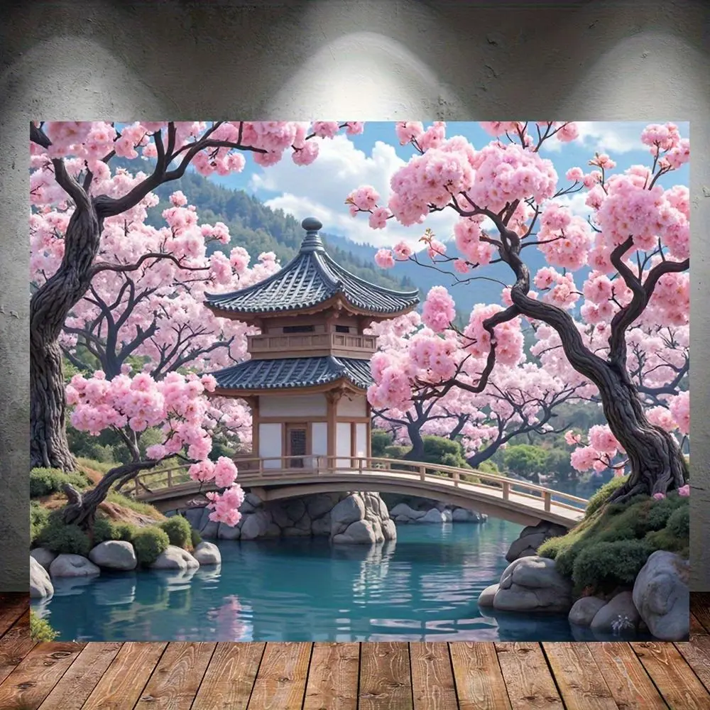 1pc Cherry Blossom& Traditional Japanese House Wall Banner- Vibrant Japanese Scene with Blooming Sakura Trees, Pagoda, and Bridge- Durable Polyester Fabric for Home& Party Decor, Kawaii Room Decor Gift Tapestry