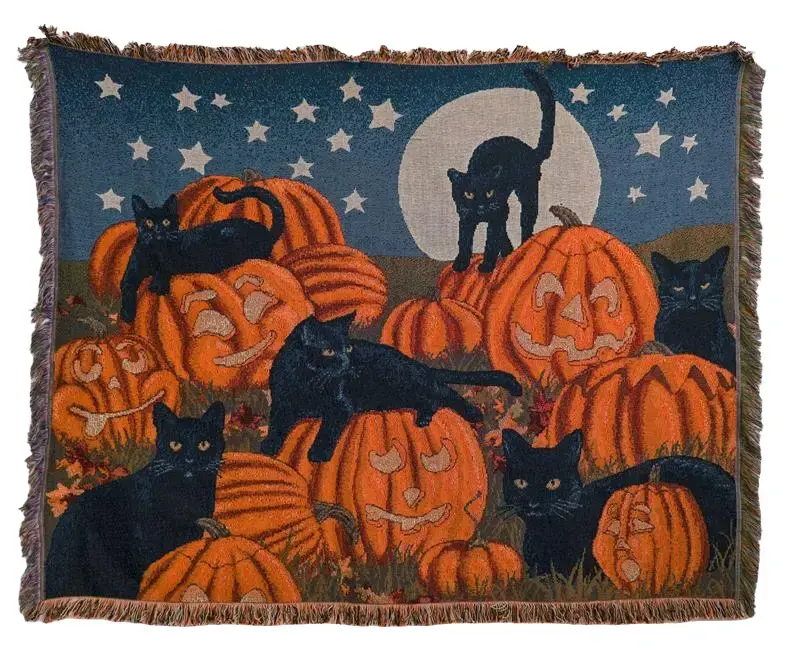 Halloween Home Decor Pumpkin Black Cat Blanket Throw Cotton Polyester Tapestry Halloween Gift
