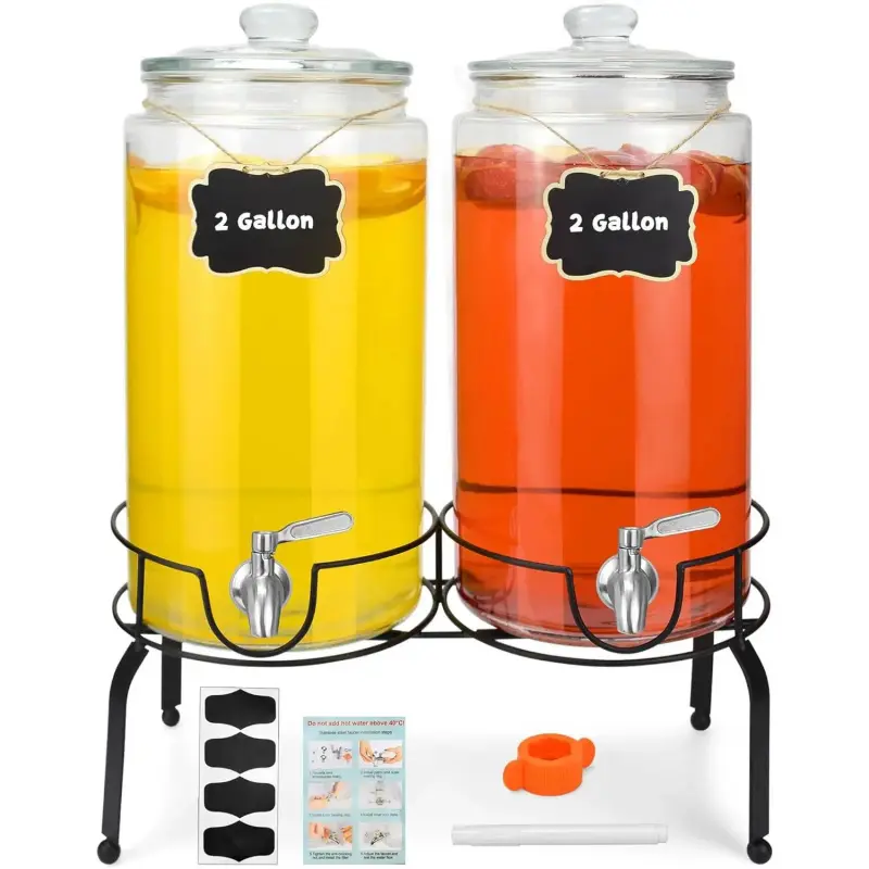 2 Gallon Beverage Dispenser 2 Pack, Stainless Steel Spigot Drink Dispenser for Parties with Stand, Clear Glass Drink Container Easy to Refill and Clean,dorm essentials,home decor,dorm room inspo,college dorm essentials,dorm haul