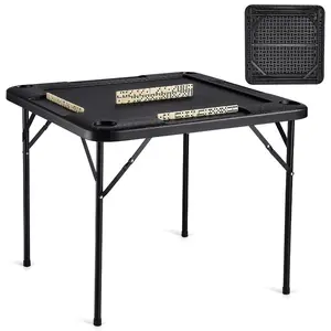 VEVOR Mahjong Table, Square 4 Player Folding Card Table with 4 Cup Holders 4 Chip Trays, Portable Domino Game Table with 1 Set of Dominoes for Mahjong Poke Puzzles, 35.4x 35.4-inch, Black
