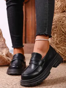 Women's Comfortable Soft Sole Low Top Loafers, Slip-On Chunky Heel Work Shoes, PU Leather Patchwork Design, Spring & Fall Fashion