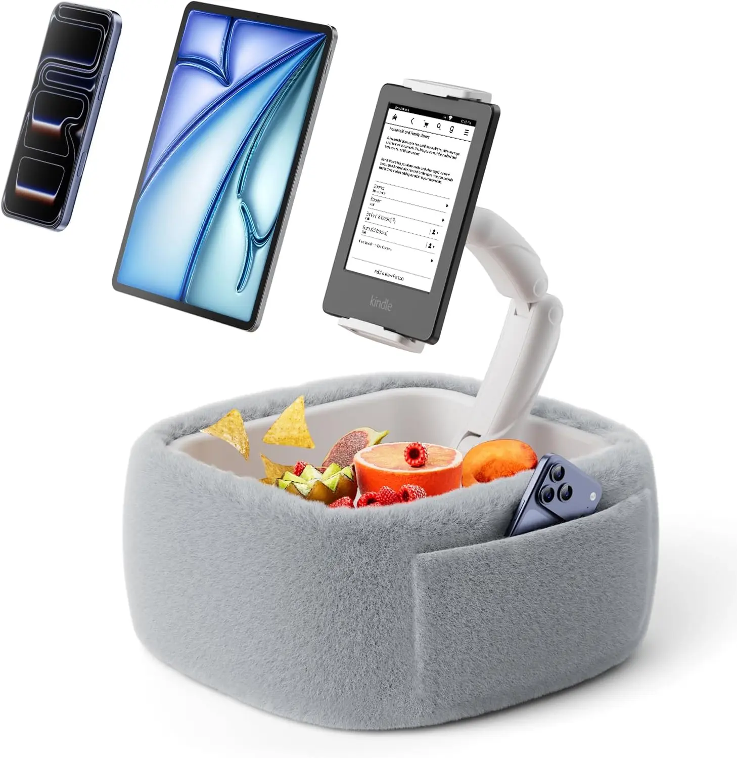 Back to School Gift Idea! LULULOOK Ultra Fluffy Kindle Holder Pillow Stand for Reading, Lap Tablet Pillow Stand with Snack Bowl & Flodable Arm Compatible with iPad, Phone and 4.7-14.6” Tablet for Book Reading in Bed