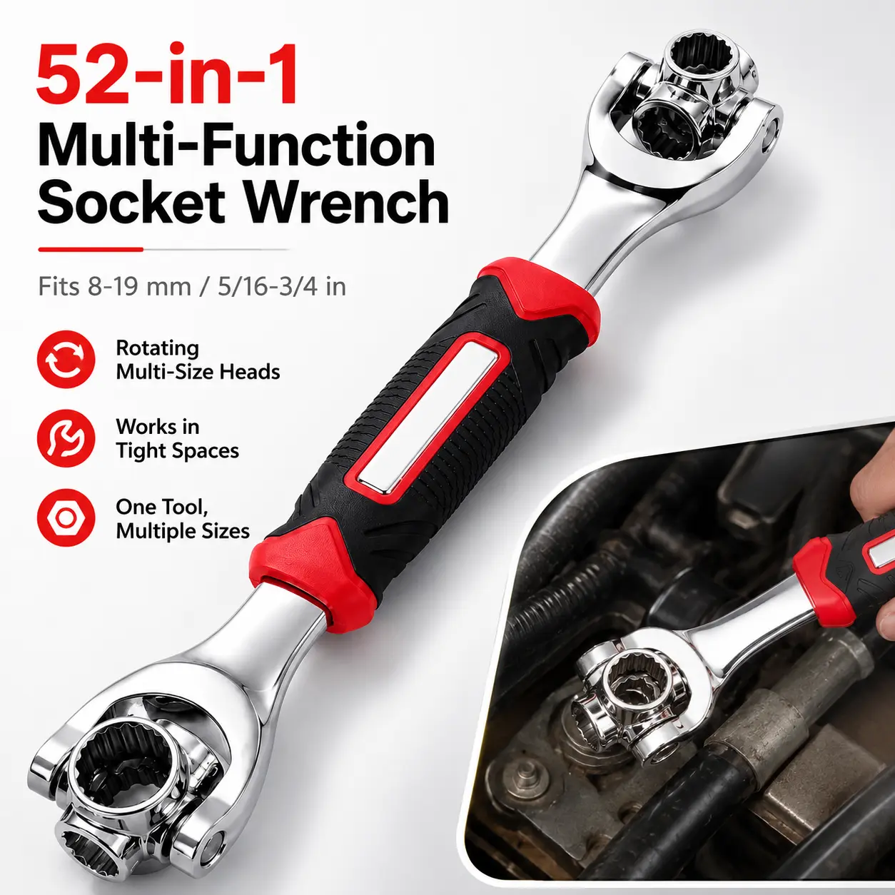 52-in-1 Multi-Function Socket Wrench, 8-19mm Non-Magnetic Rotating Universal Wrench with Anti-Slip Handle for Car, Bike & Home Repairs Adjustable