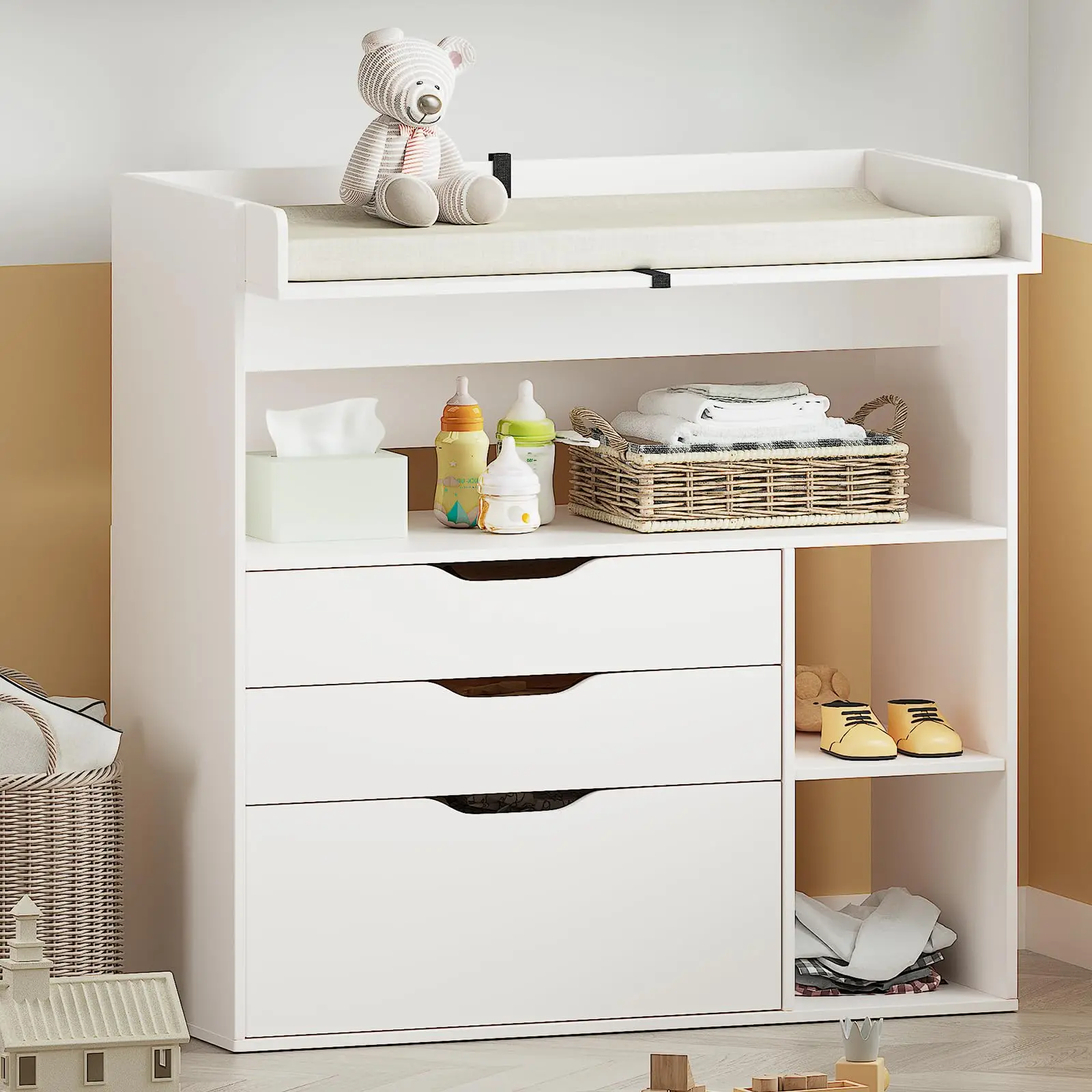 Linor Baby Changing Table Dresser with 3 Drawers and 3 Storage Shelves, Can be Used as a Baby Dresser with Changing Table Top, a Baby Changing Station, a Wood Diaper Changing Station (White) Newborn Nursery Baby Shower Natural