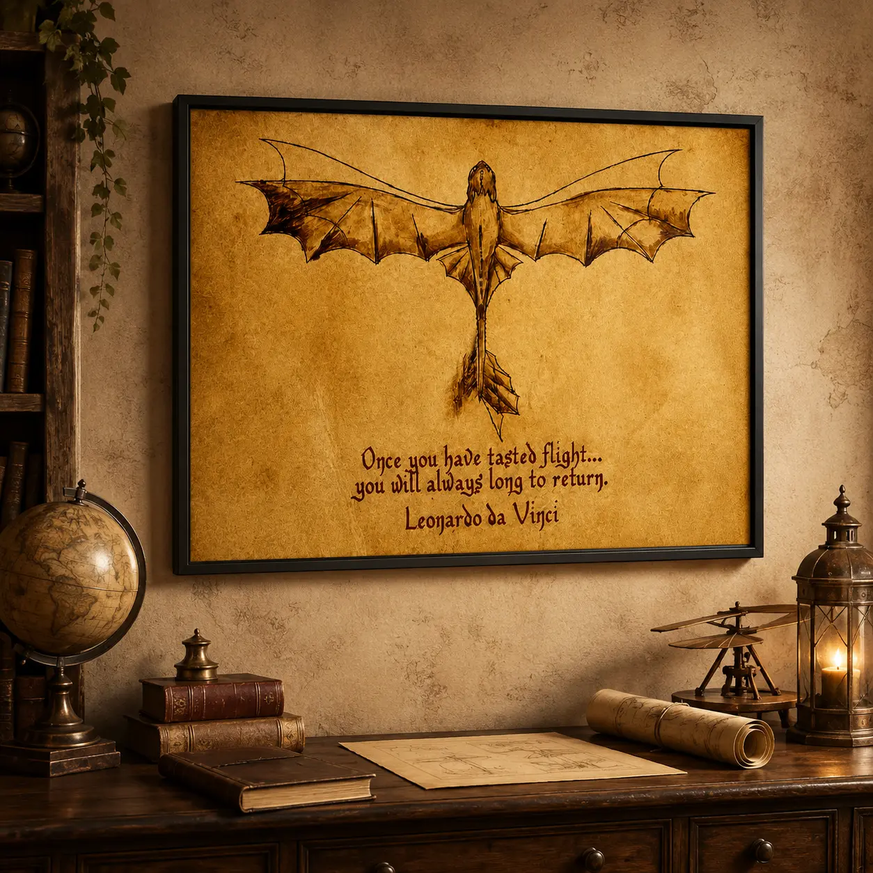 Da Vinci Flying Wing Sketch Framed Canvas Wall Art, Vintage Aged Parchment Inspirational Quote Poster, Renaissance Aviation Drawing Print, Study Library Office Academia Wall Decor Gift