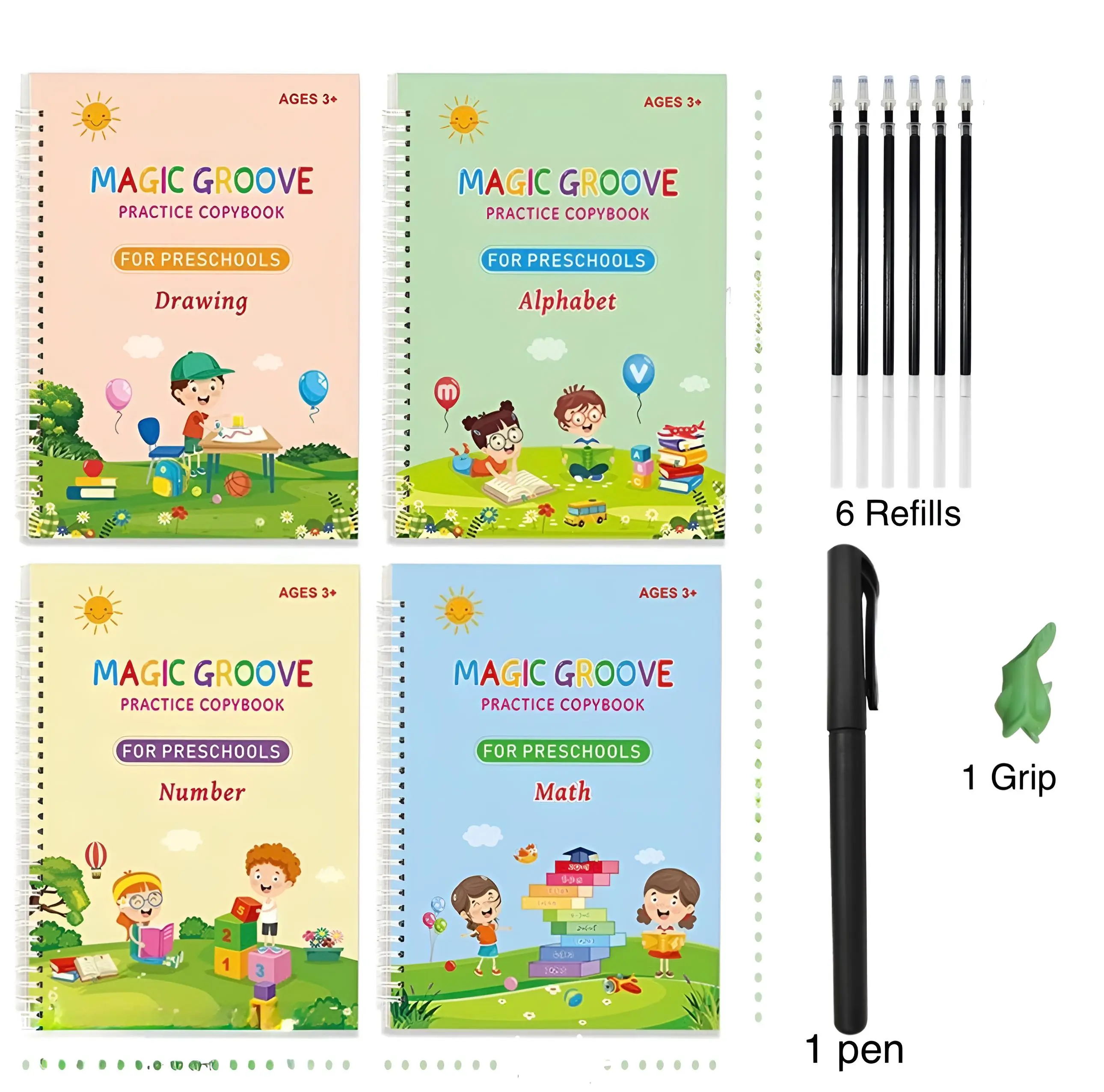 Magic Practice Copybook Reusable Practice Set - 4-Book Calligraphy Learning Tool with Pens for Preschool Kids Age 3-8, Preschool Learning Materials