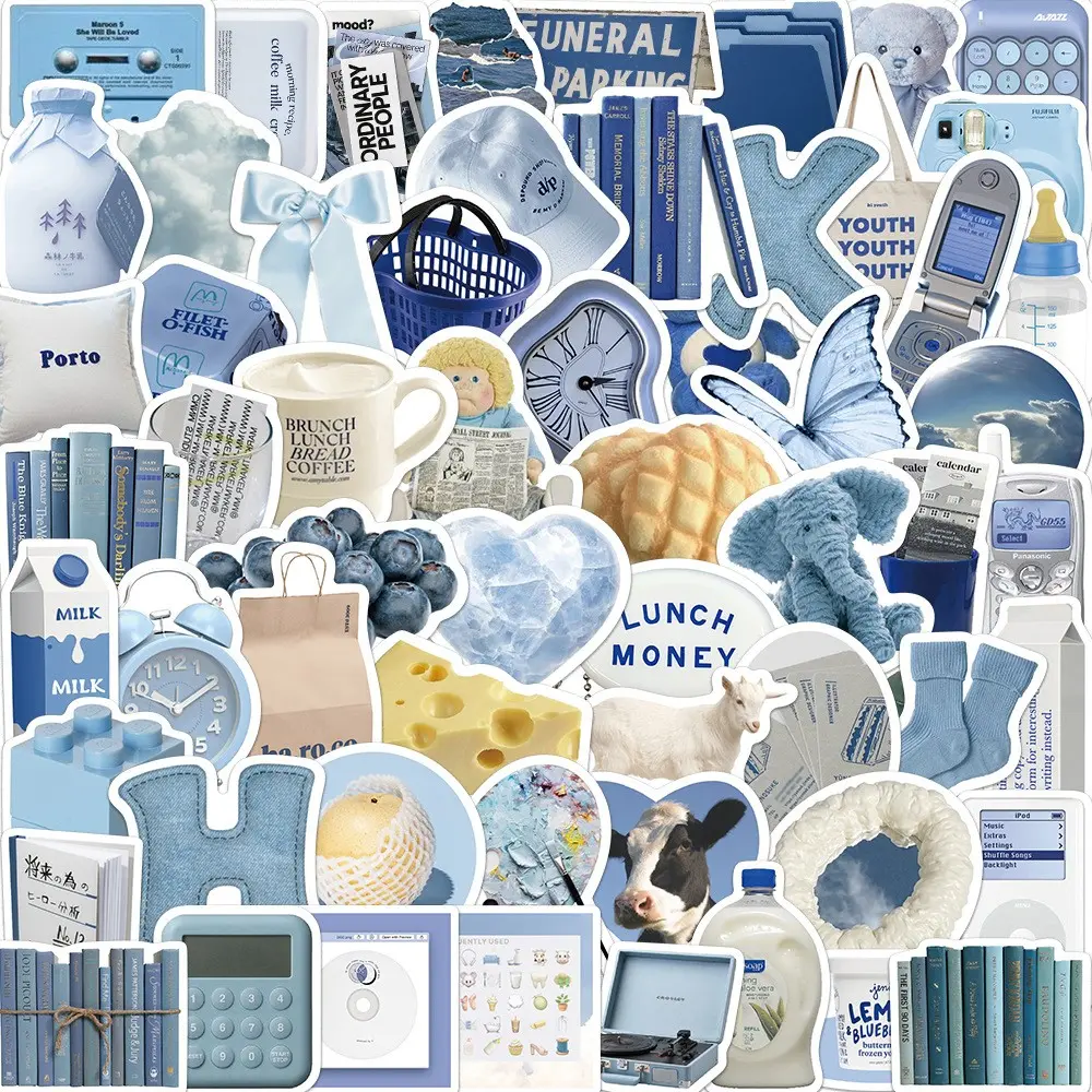 60 Blue Style Cartoon Graffiti Stickers, Personalized Decorative PVC Waterproof Stickers for Luggage, Pens, Guitars, Notebooks, Aesthetic Stickers