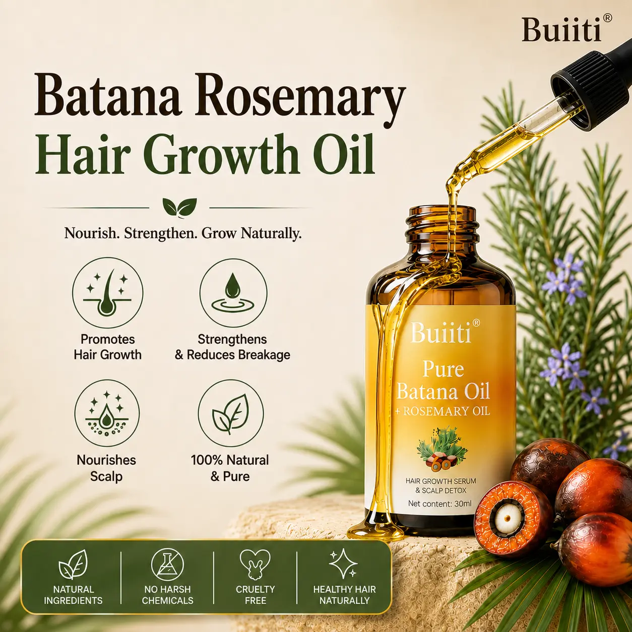 Buiiti Batana & Rosemary Hair Growth Oil for Men &Women Improve scalp health&Promotes Healthy HairGrowth