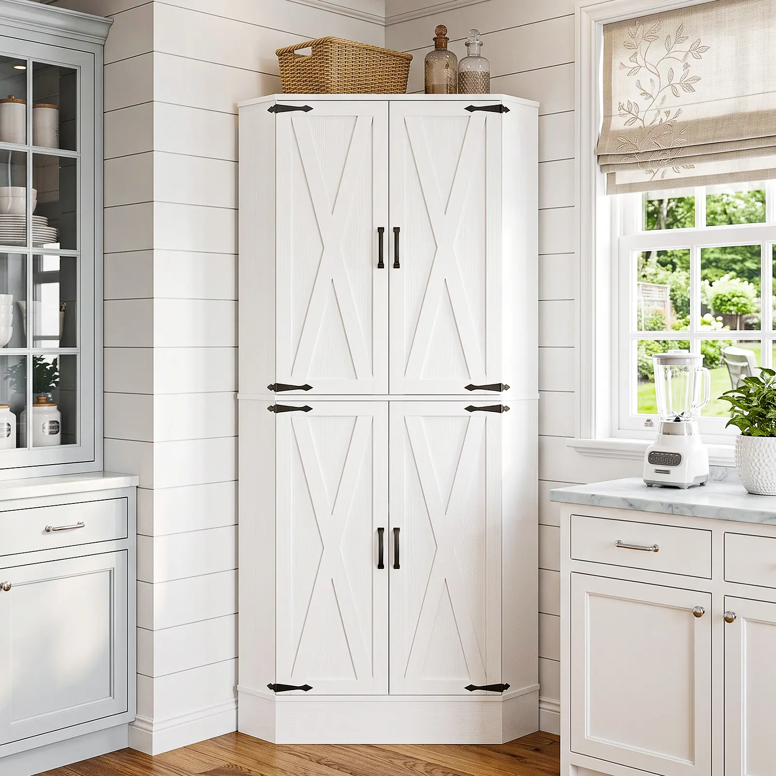 70" Farmhouse Corner Cabinet with Drawer, Tall Corner Kitchen Pantry Storage Cabinet with Adjustable Shelves, 4 Barn Doors & Anti-Tip Kit for Dining Room, Bathroom or Laundry Room