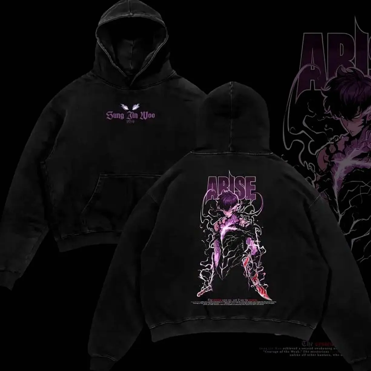 Solo Leveling "Arise" Sung Jin Woo Hoodie Vintage Unisex Oversize Anime Manga Washed Heavyweight Cotton Hoodie , Anime Fan, Anime Merch, Clothing UJP
