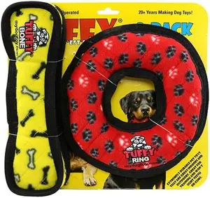TUFFY - World's Tuffest Soft Dog Toy- Medium Red Ring & Yellow Bone- 2 Pack. Squeakers-Multiple Layers.Made Durable, Strong & Tough.Interactive Play(Tug, Toss & Fetch).Machine Washable & Floats