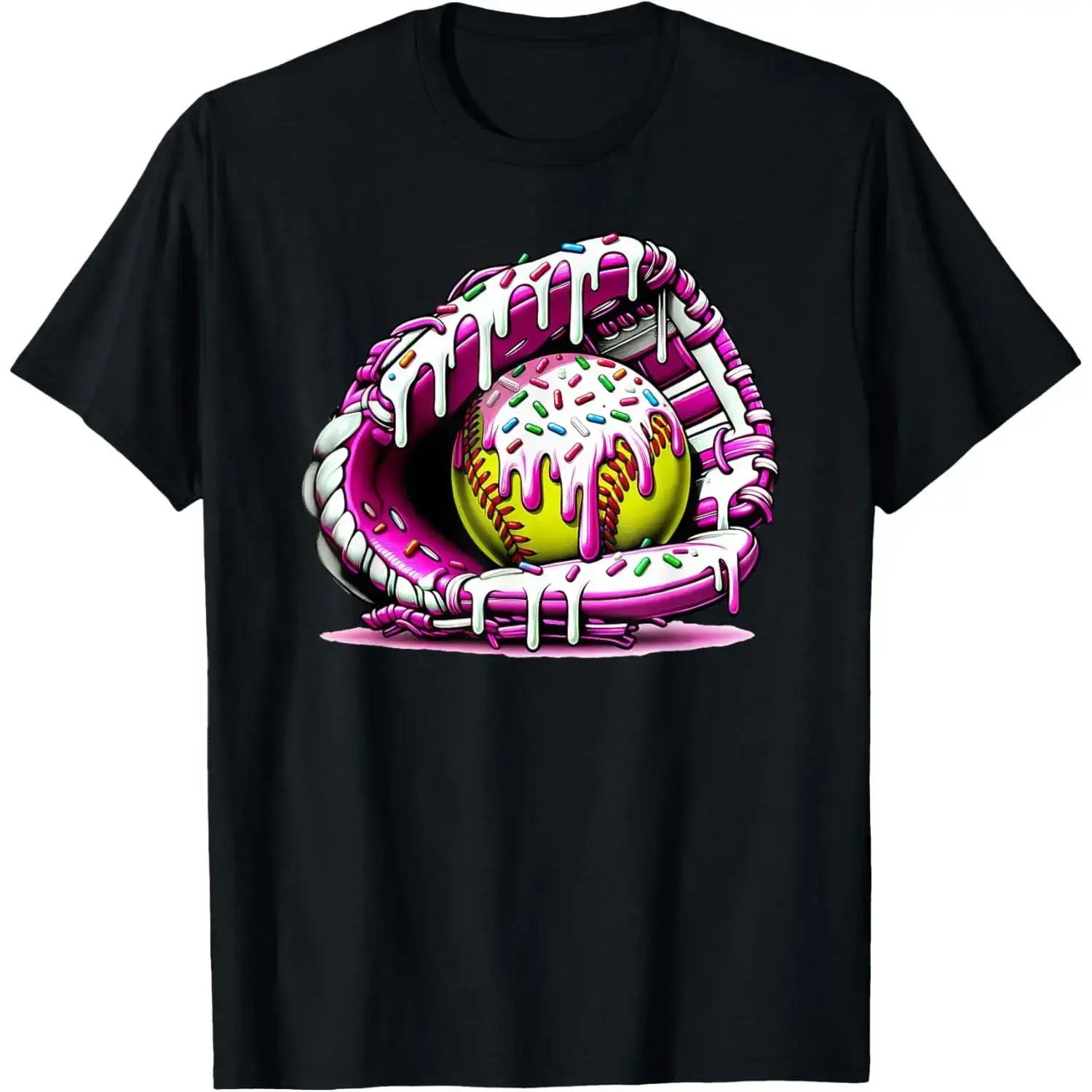Men's Casual Short-Sleeve Softball Top - Slim Fit Menswear with Drip, Ice Cream Sprinkles Graphics, Softball Glove Print, Comfortable Fabric, Round Neck, Breathable, Softball Theme