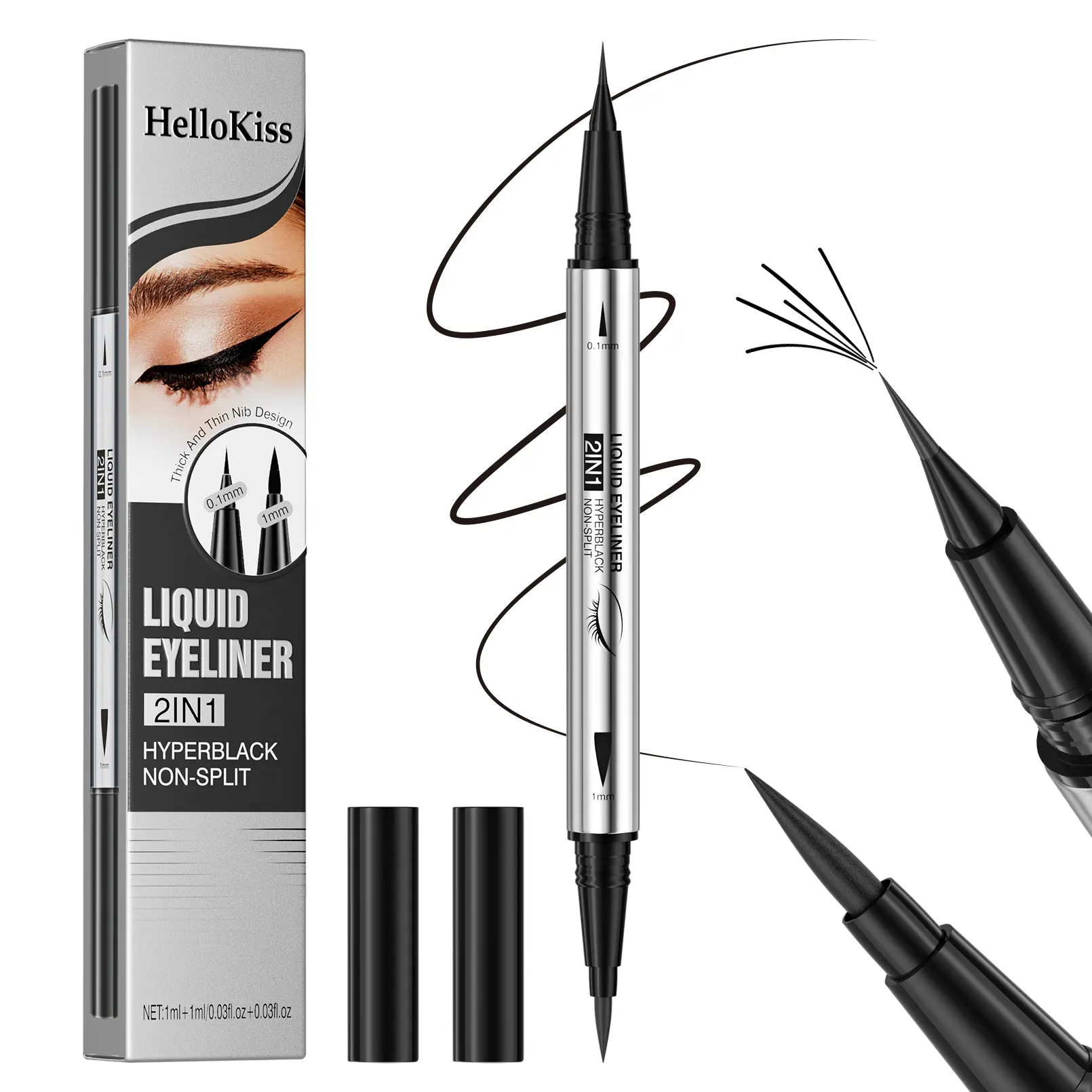 2 in 1 Double Ended Liquid Eyeliner Pen, Waterproof Smudge Proof Black Eyeliner with Fine & Thick Precision Tips, Long Lasting Quick Dry Winged Eyeliner Makeup for Beginners #backtoschool