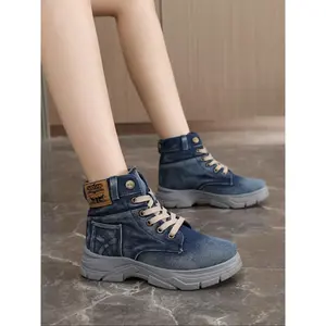 Women’s fashionable denim lace-up boots—casual, comfortable sports boots for everyday wear; versatile round-toe shoes for spring and fall
