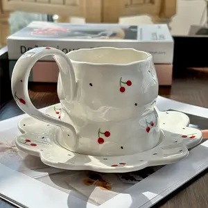 French Vintage Cherry Floral Ceramic Coffee Cup Set, Ribbon Handle Mug, Breakfast Cup, High Aesthetic Fairy Cup, Handmade Crafted