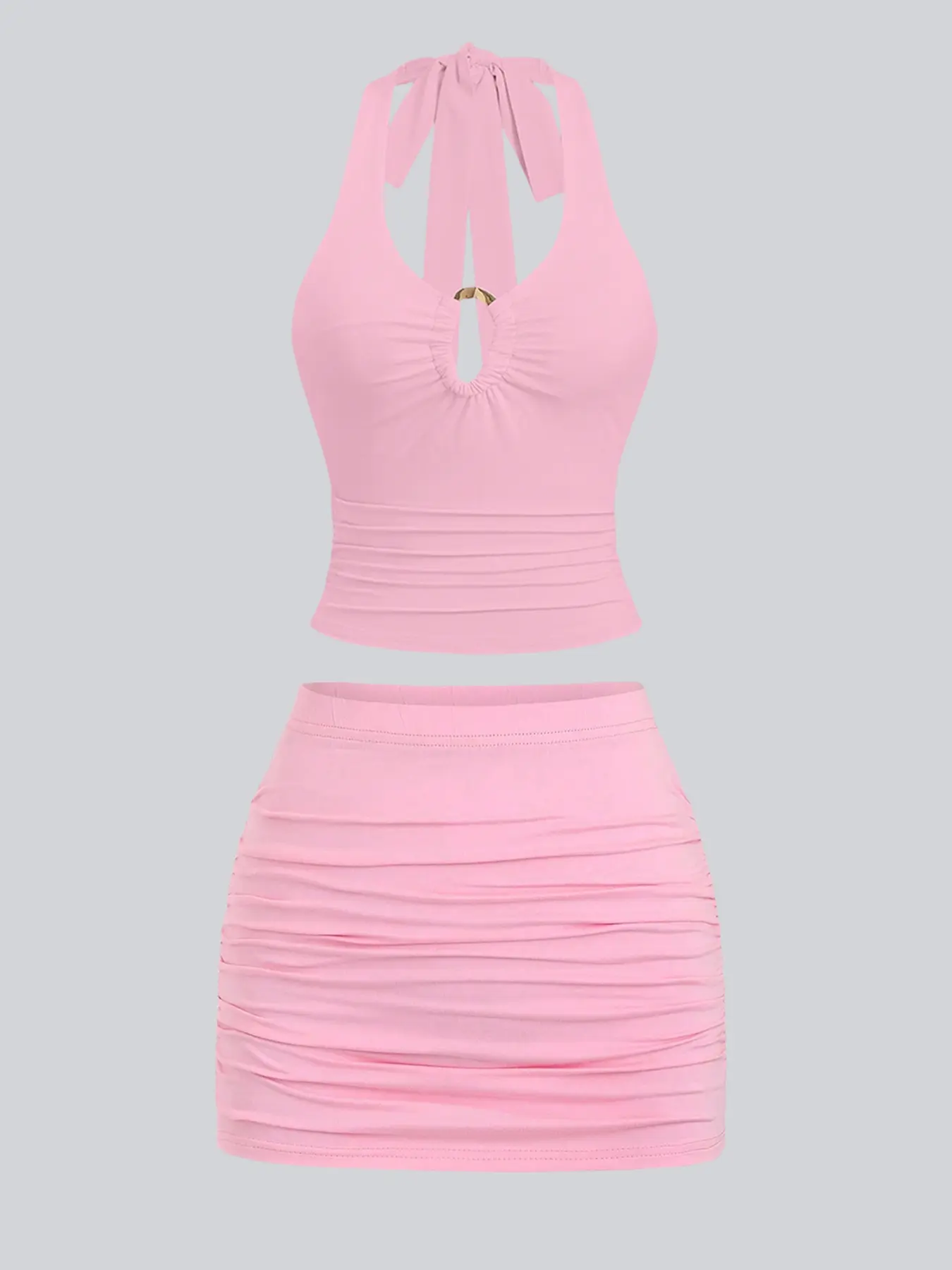 Halterneck spaghetti strap Knit crop cami Top with ruched details, metal clasp tie, and open back. Fitted ruched mini skirt. Sexy and comfortable Outfit - perfect for Summer beach days and casual outings.