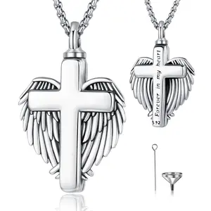 DRINSPER Cremation Jewelry Cross & Angel Wings Urn Necklace for Ashes 925 Sterling Silver Necklace for Human Ashes Keepsake Memorial Cross Urn Necklaces for Ashes of Loved Ones