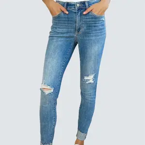 Judy Blue Women's Mid Rise Destroyed Skinny Jeans, Comfy Stretchy Fit with Cuffed Hem, Minimalist Style Denim Womenswear Bottom for Everyday Wear